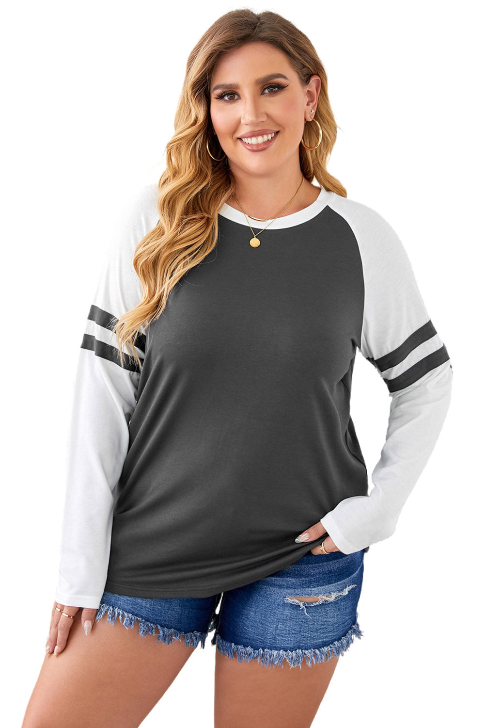 Gray crewneck top featuring striped splicing sleeves, designed for plus size women, showcasing a stylish patchwork design.