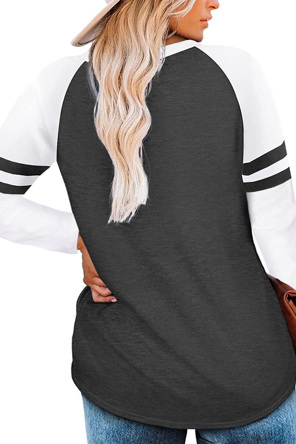 Gray crewneck top featuring striped splicing sleeves, designed for plus size women, showcasing a stylish patchwork design.