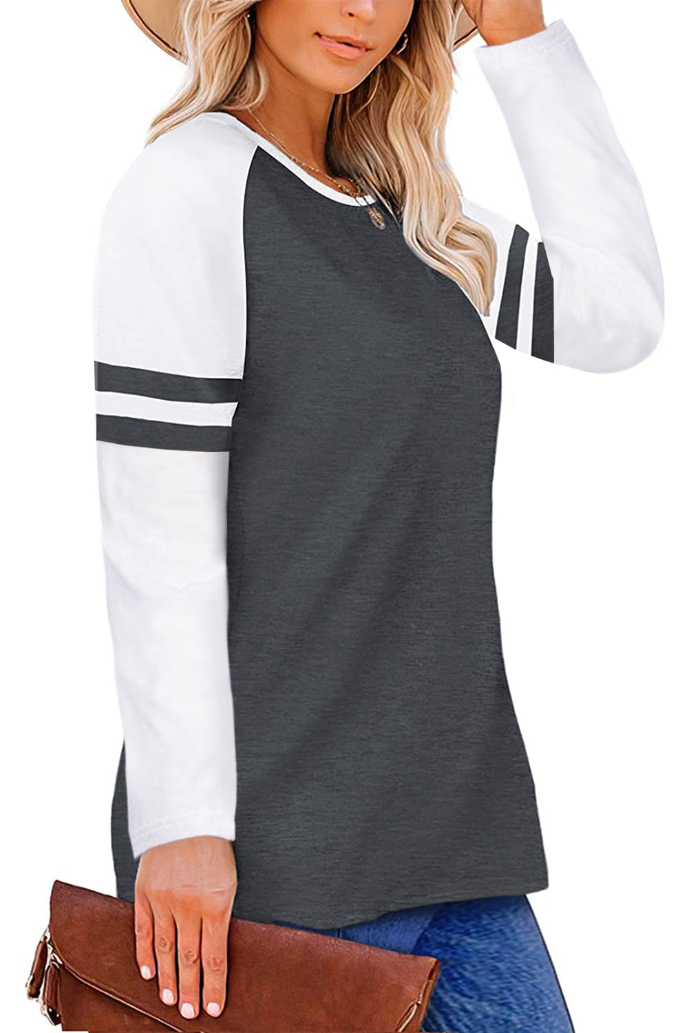 Gray crewneck top featuring striped splicing sleeves, designed for plus size women, showcasing a stylish patchwork design.