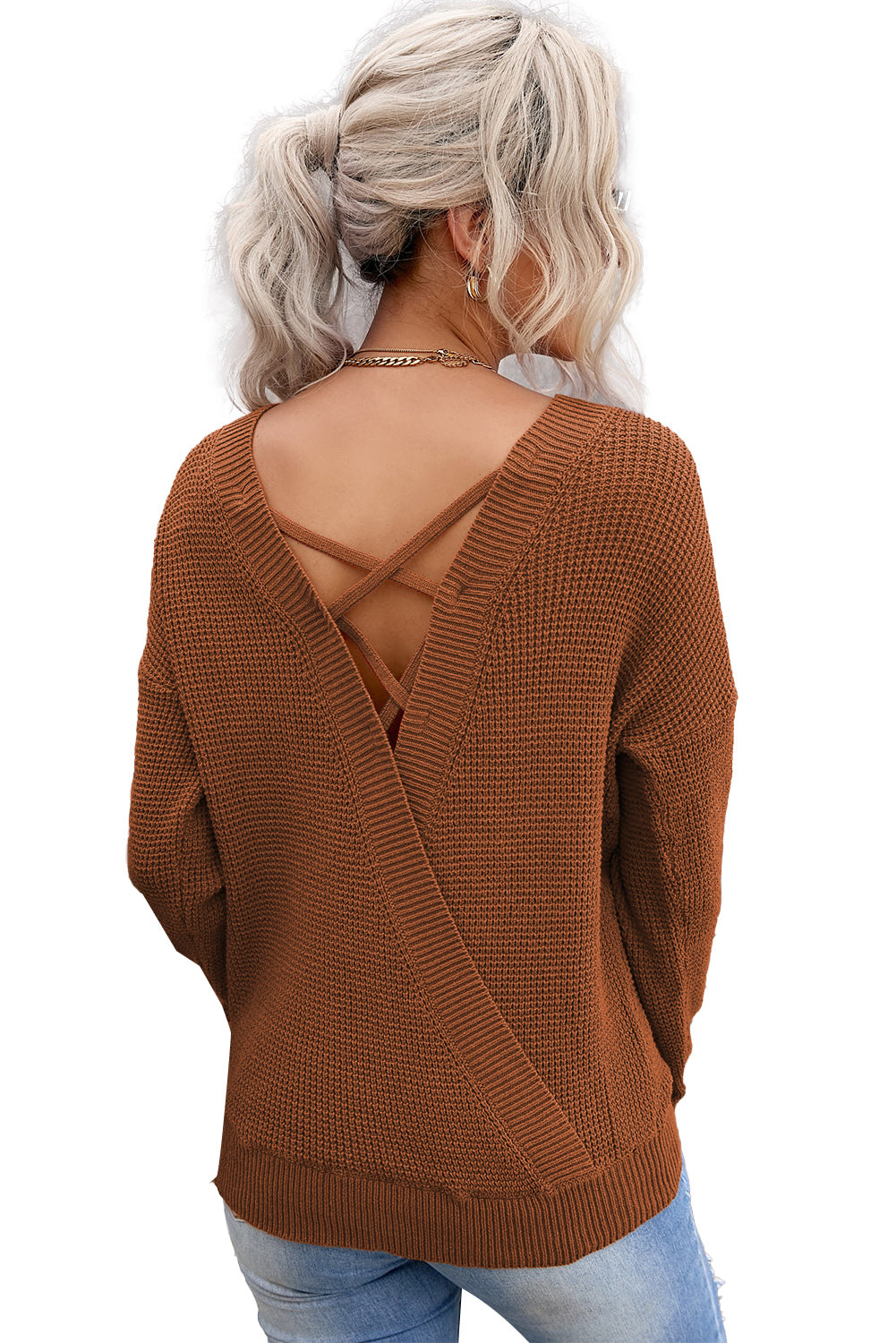 Gray Cross Back Hollow-out Sweater featuring a deep V hollow-out design and crisscross back, perfect for stylish layering.