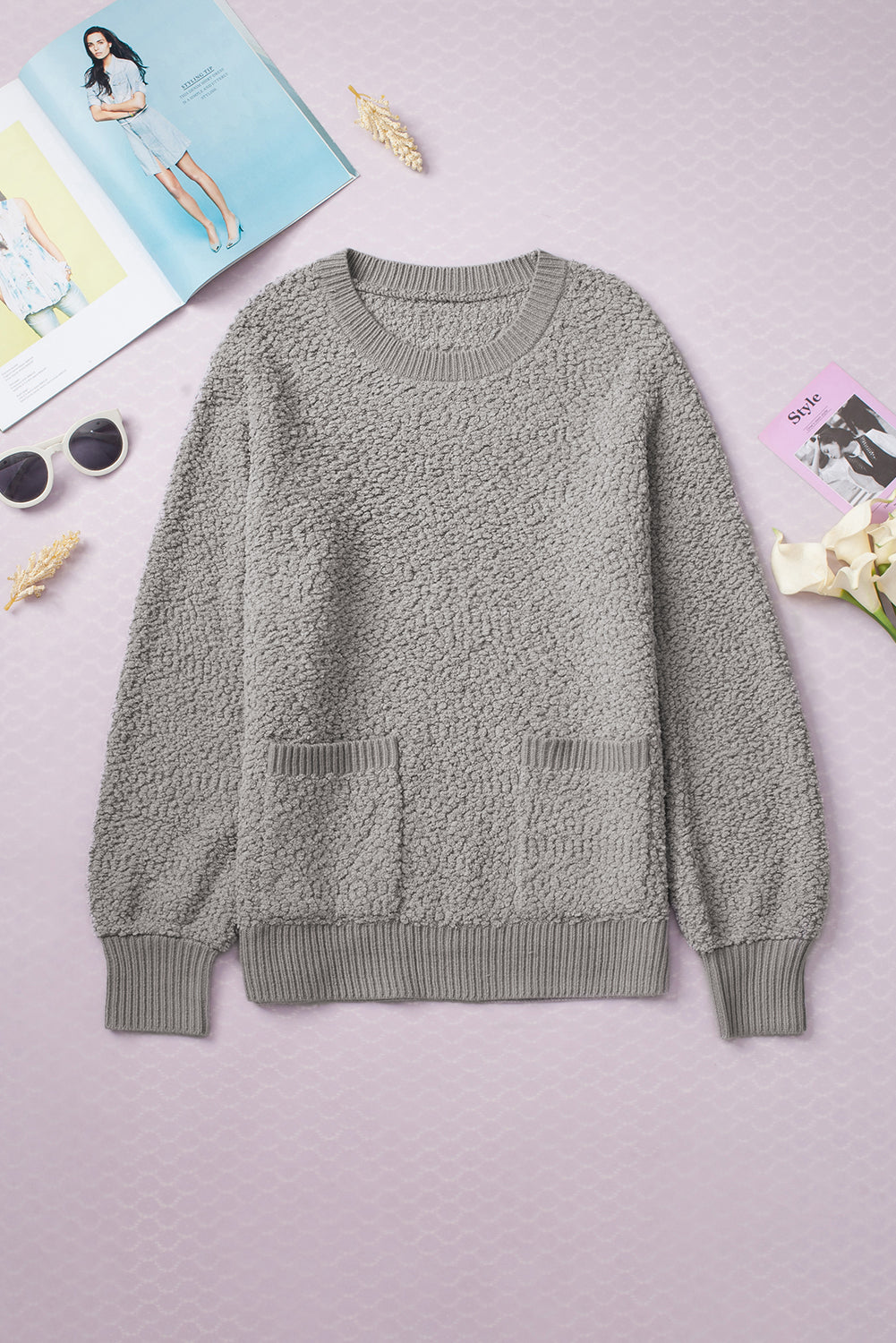 Gray Double Pockets Ribbed Trim Popcorn Knit Sweater with stylish design and soft texture, featuring double pockets and round neckline.