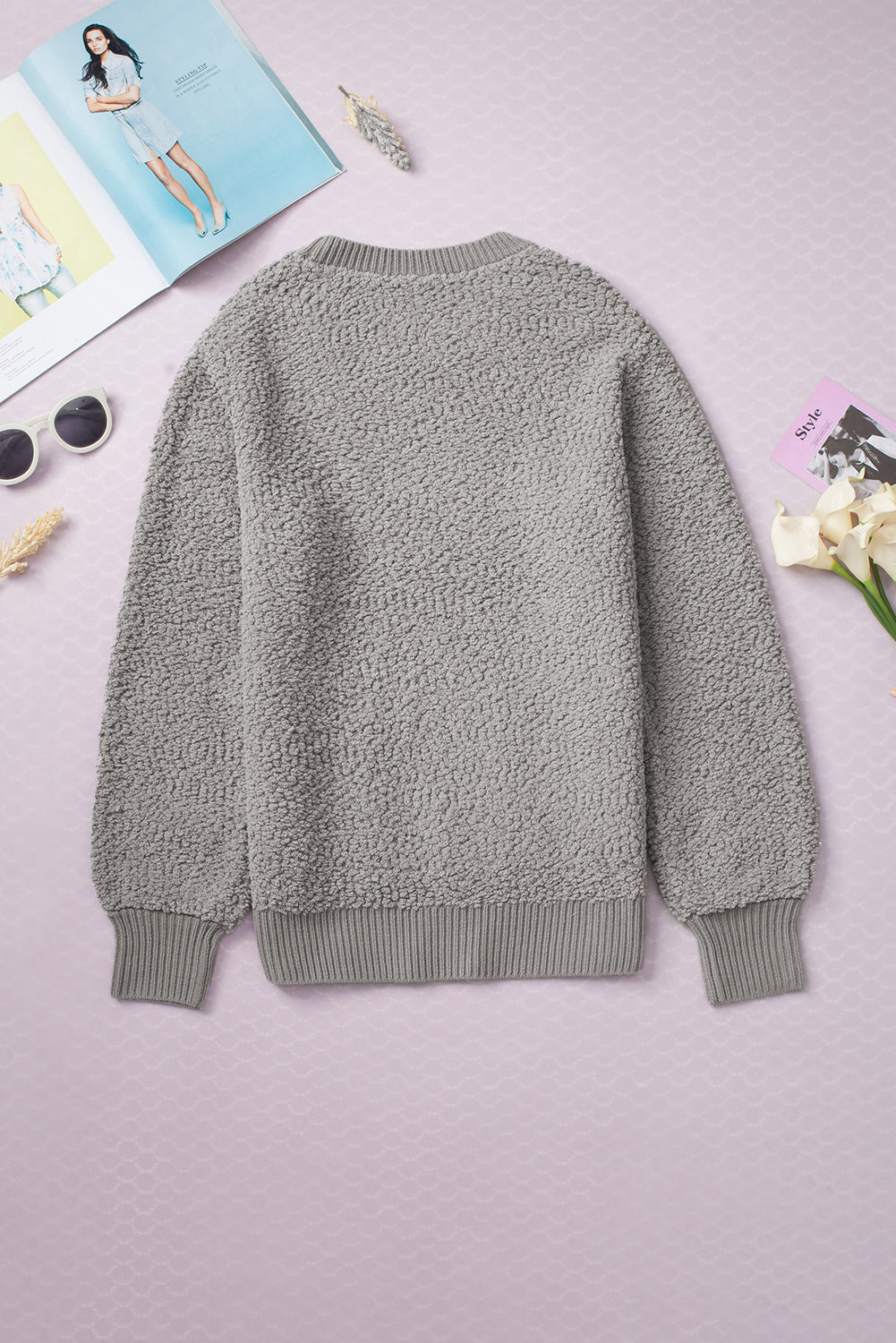 Gray Double Pockets Ribbed Trim Popcorn Knit Sweater with stylish design and soft texture, featuring double pockets and round neckline.