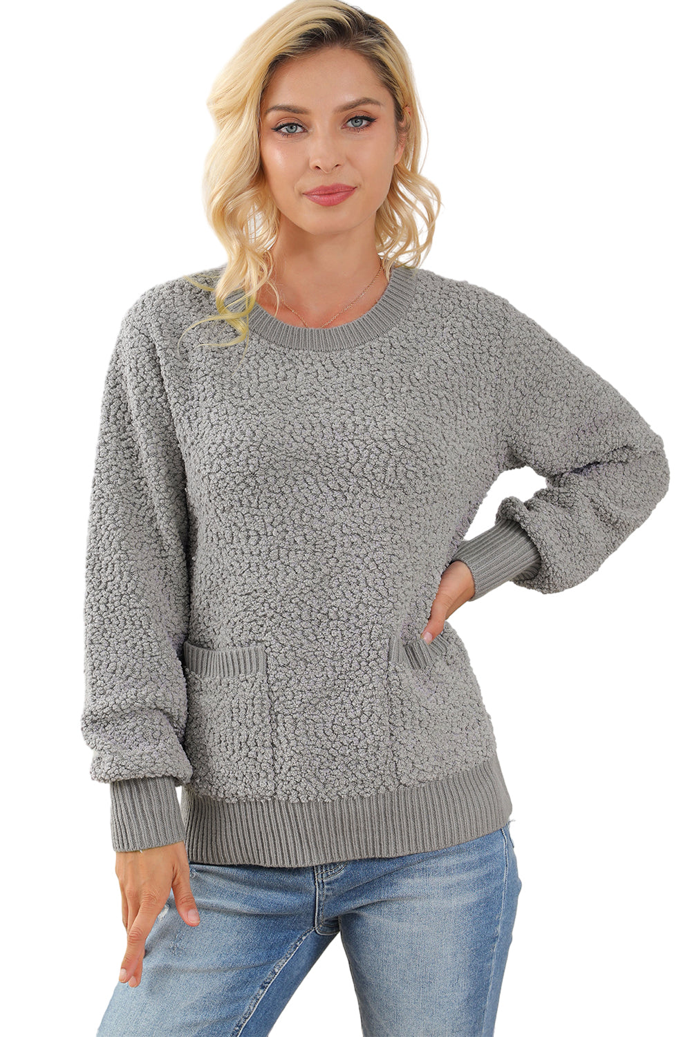 Gray Double Pockets Ribbed Trim Popcorn Knit Sweater with stylish design and soft texture, featuring double pockets and round neckline.