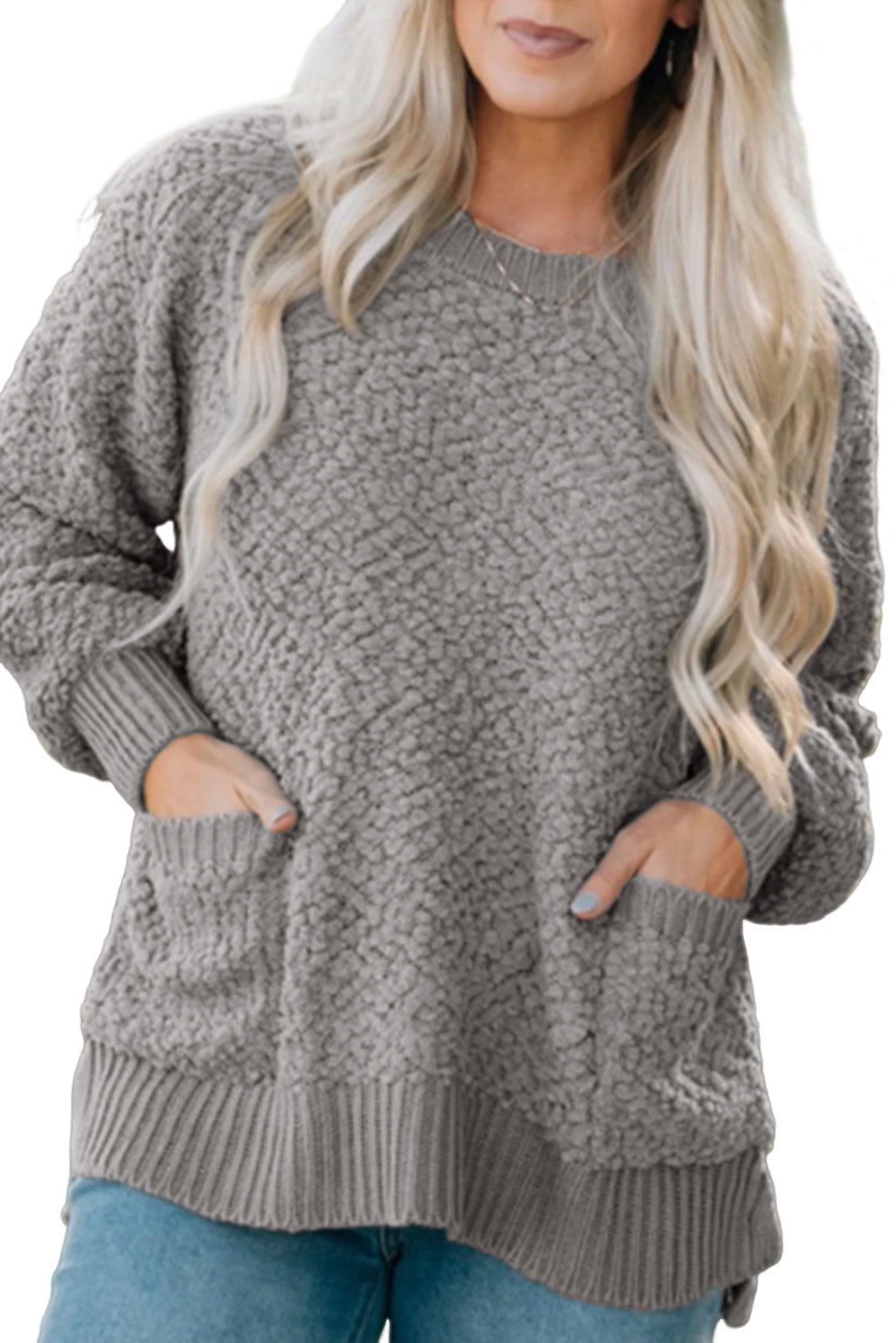 Gray Double Pockets Ribbed Trim Popcorn Knit Sweater with stylish design and soft texture, featuring double pockets and round neckline.