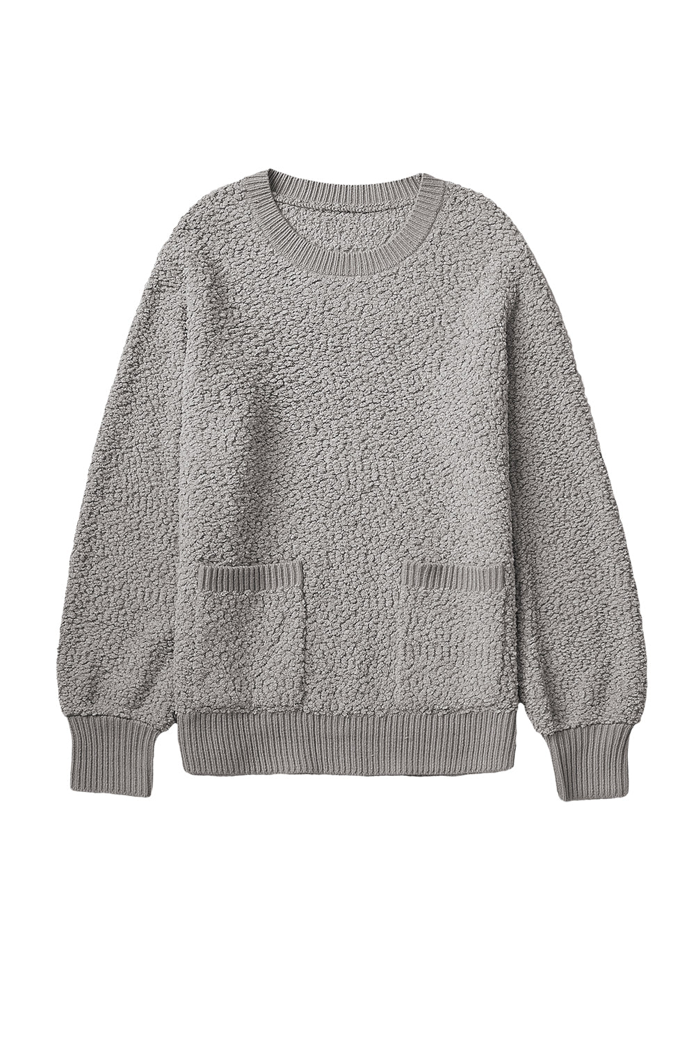 Gray Double Pockets Ribbed Trim Popcorn Knit Sweater with stylish design and soft texture, featuring double pockets and round neckline.