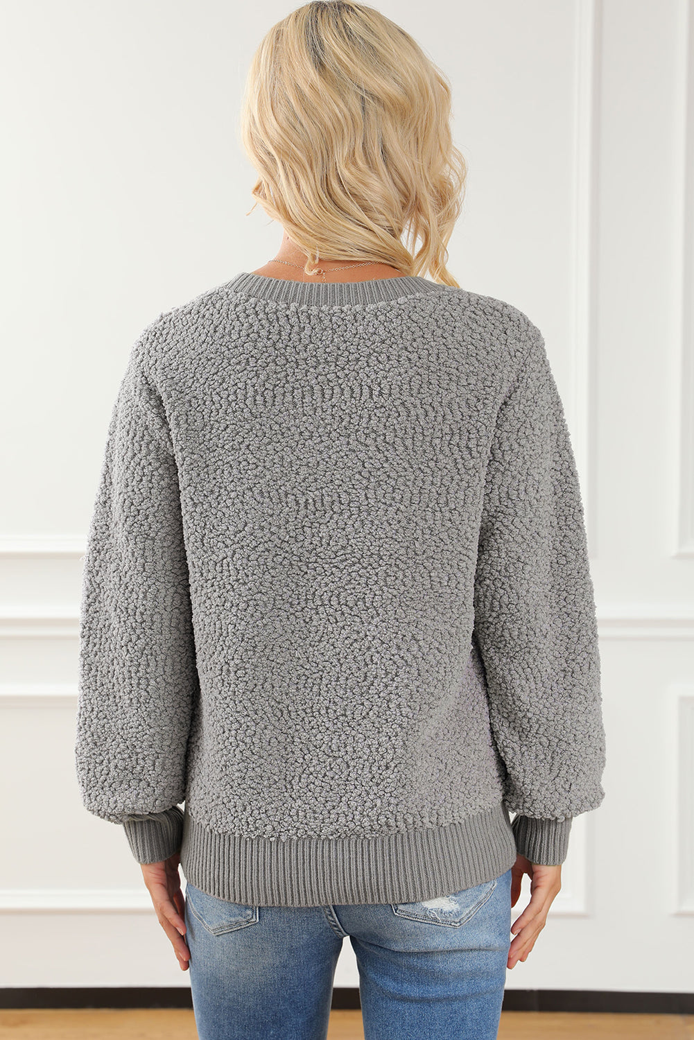 Gray Double Pockets Ribbed Trim Popcorn Knit Sweater with stylish design and soft texture, featuring double pockets and round neckline.