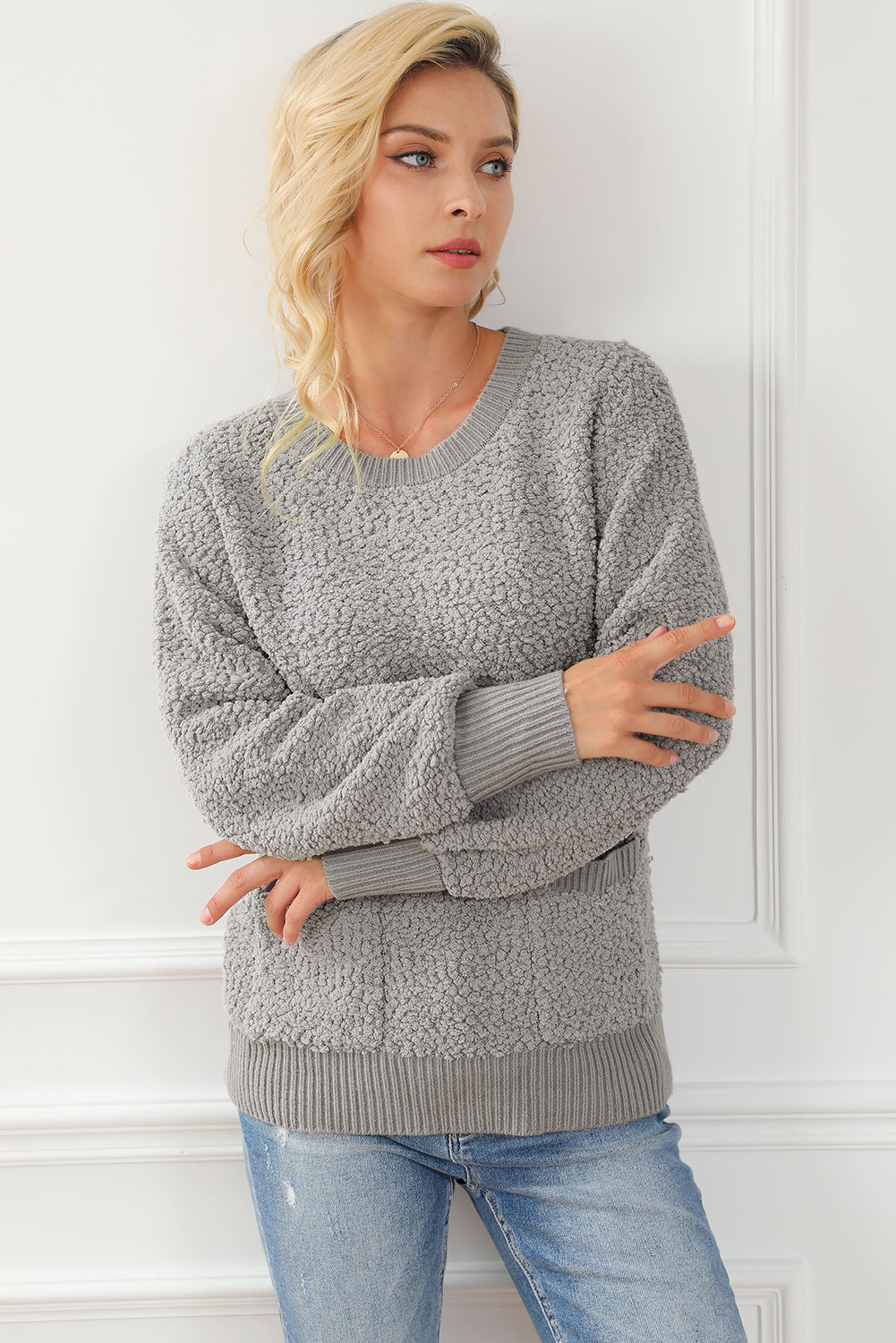 Gray Double Pockets Ribbed Trim Popcorn Knit Sweater with stylish design and soft texture, featuring double pockets and round neckline.