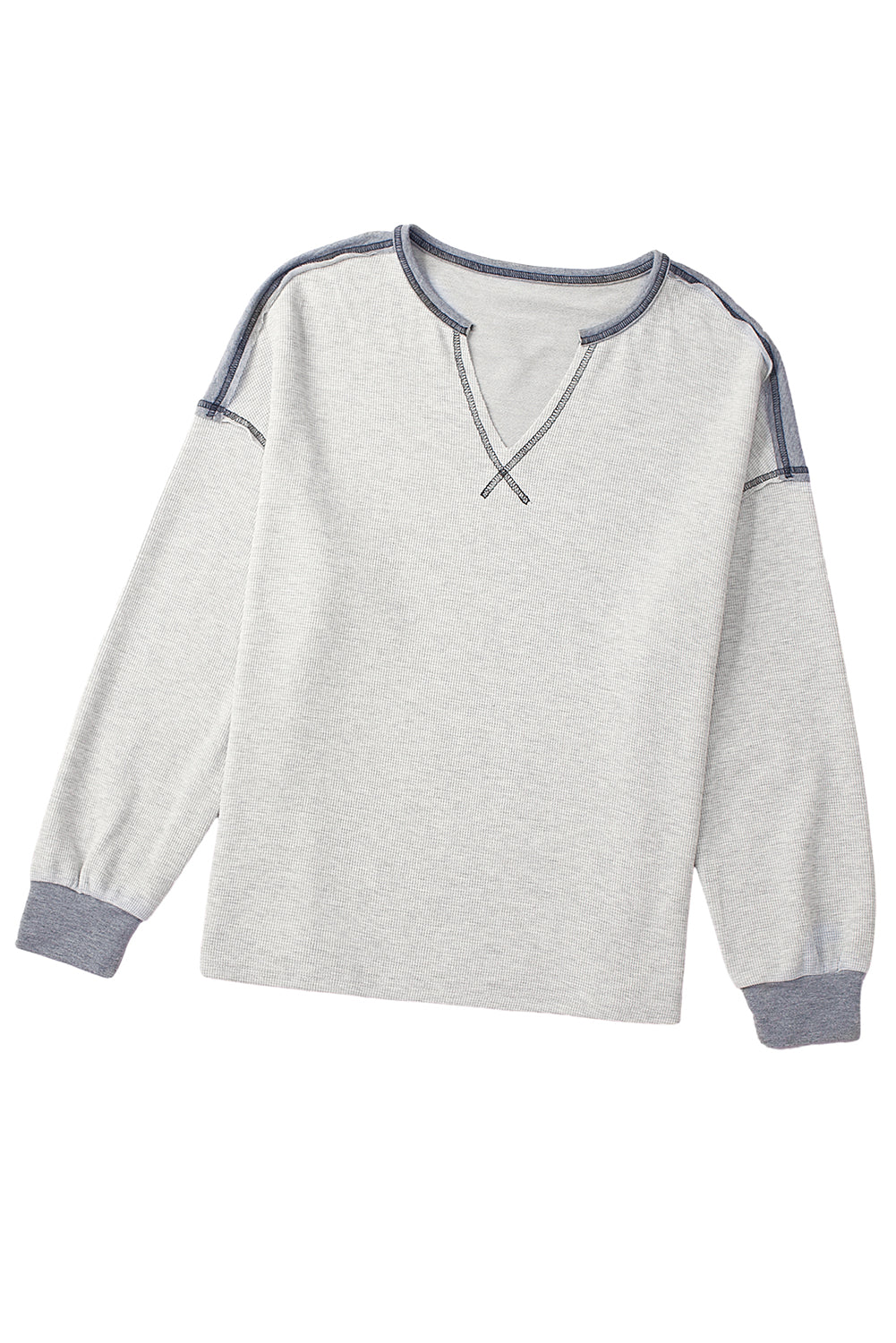 Gray Exposed Seam Ribbed Patchwork V Neck Sweatshirt showcasing unique seam details and a relaxed fit, perfect for casual wear.