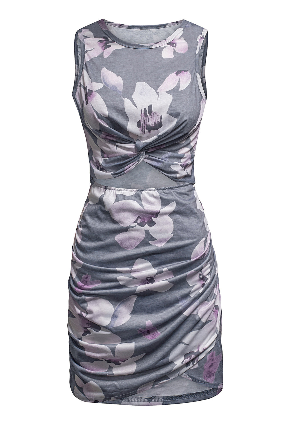 Gray floral print mini dress with hollow out design and wrap tie detail, perfect for summer occasions.