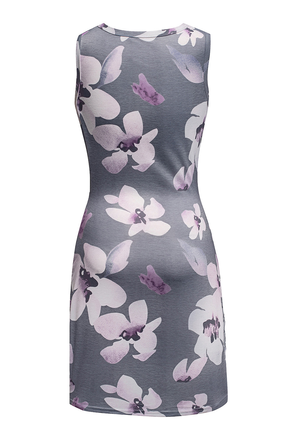 Gray floral print mini dress with hollow out design and wrap tie detail, perfect for summer occasions.