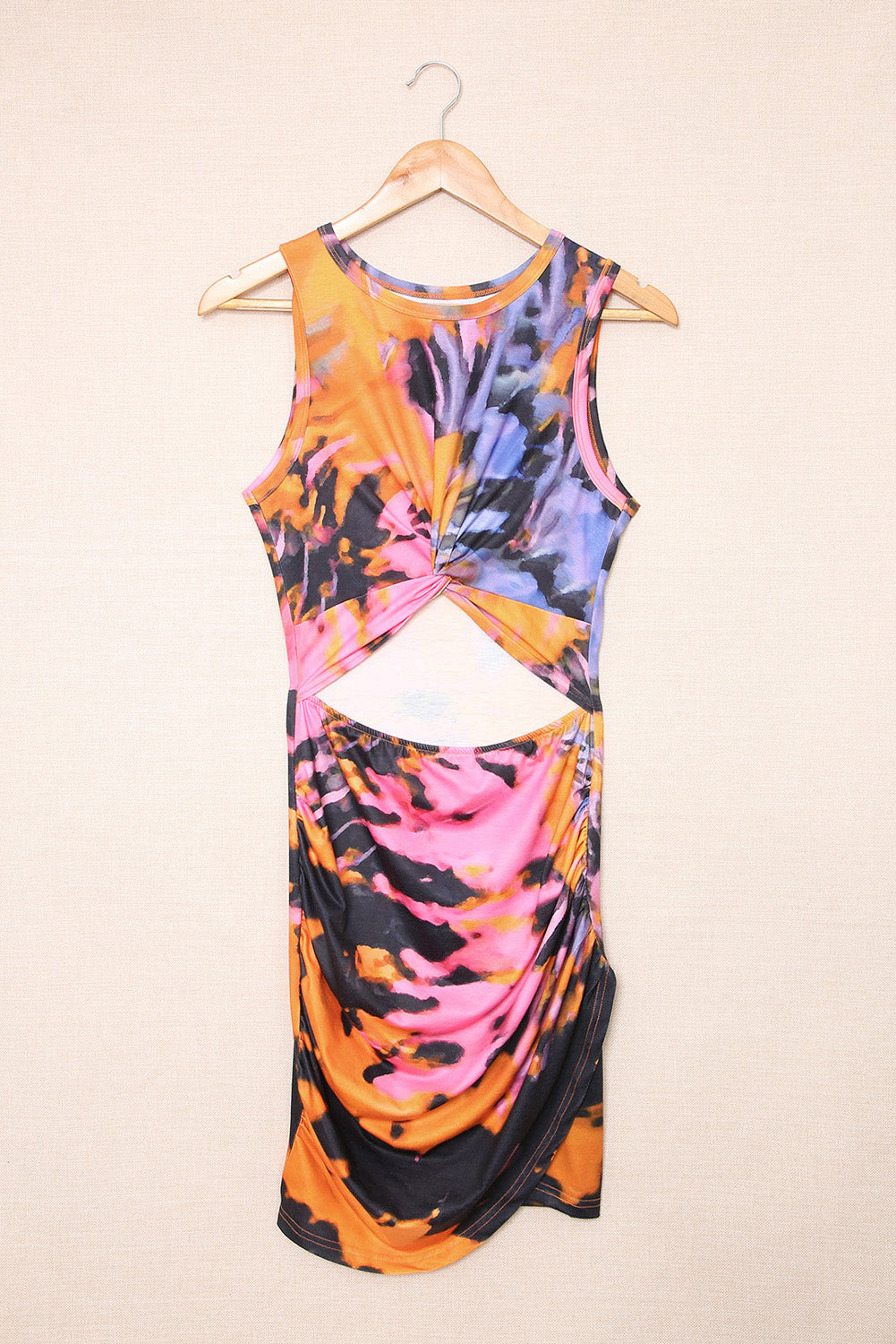 Gray floral print mini dress with hollow out design and wrap tie detail, perfect for summer occasions.