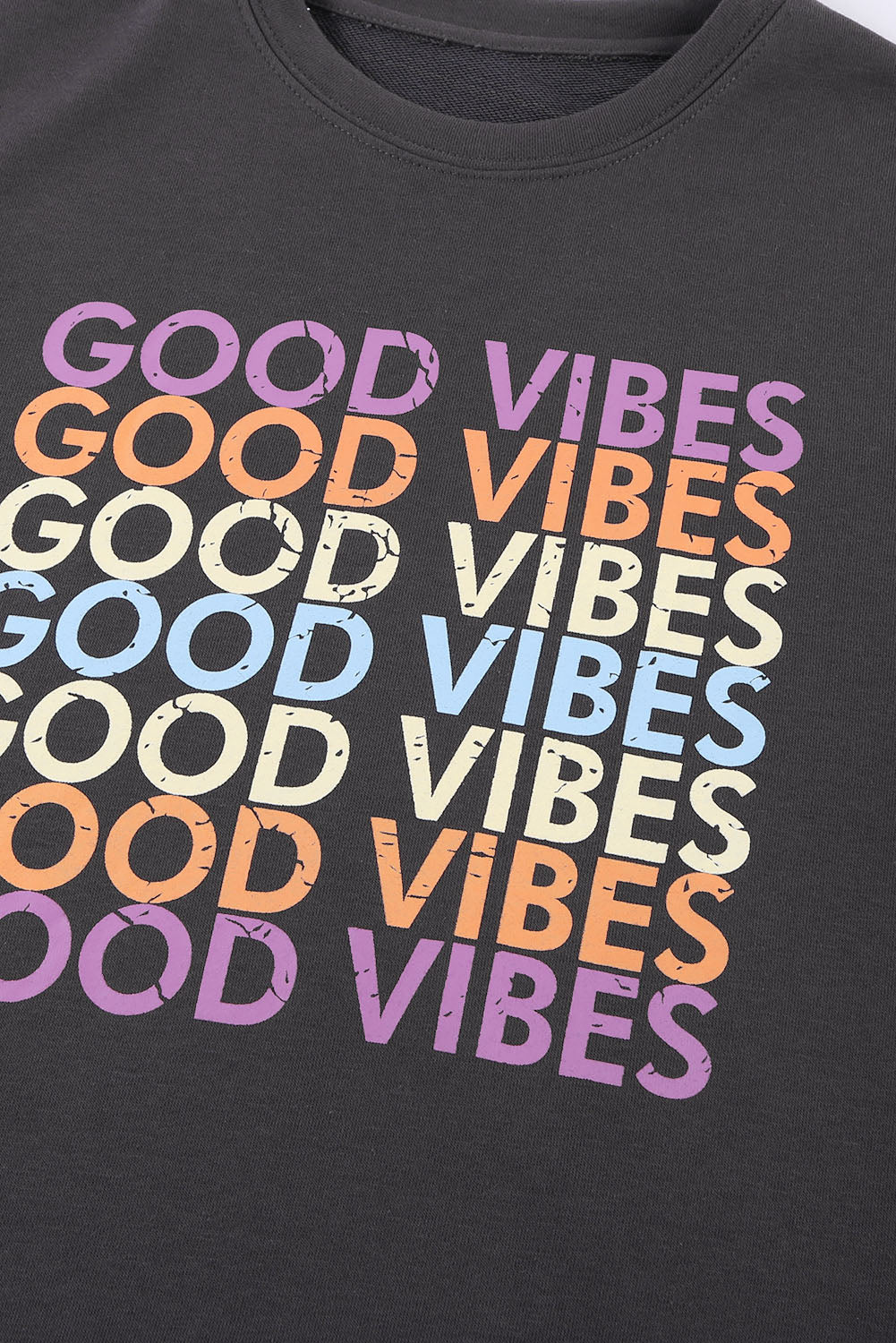 Gray GOOD VIBES Graphic Pullover Sweatshirt featuring a trendy print, soft fabric, and relaxed fit, perfect for casual wear.