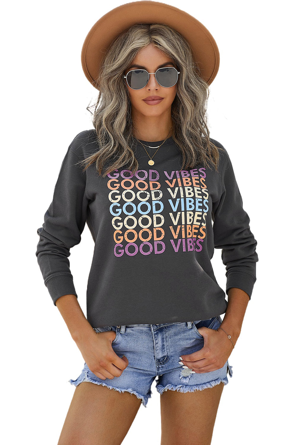 Gray GOOD VIBES Graphic Pullover Sweatshirt featuring a trendy print, soft fabric, and relaxed fit, perfect for casual wear.