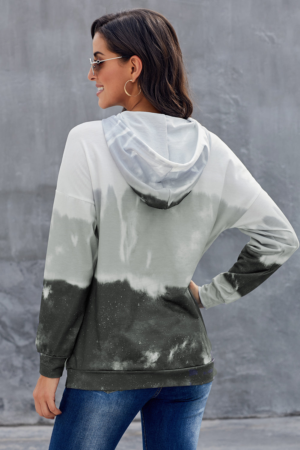 Gray gradient long sleeve pullover hoodie with adjustable drawstring and kangaroo pocket, showcasing a trendy tie-dye design.