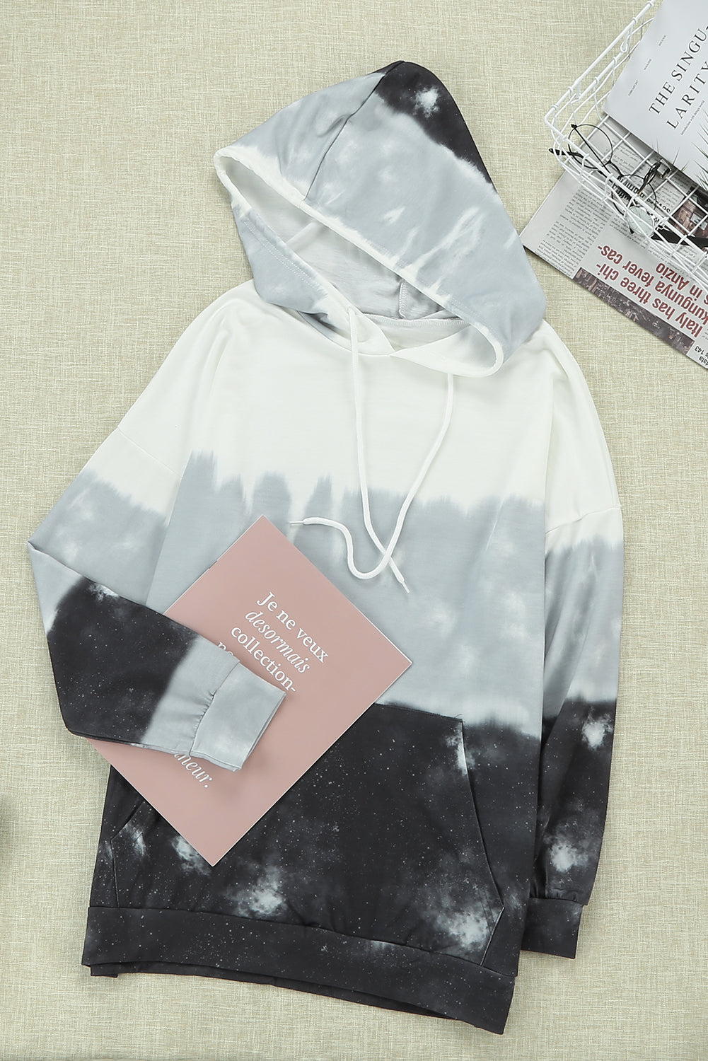 Gray gradient long sleeve pullover hoodie with adjustable drawstring and kangaroo pocket, showcasing a trendy tie-dye design.