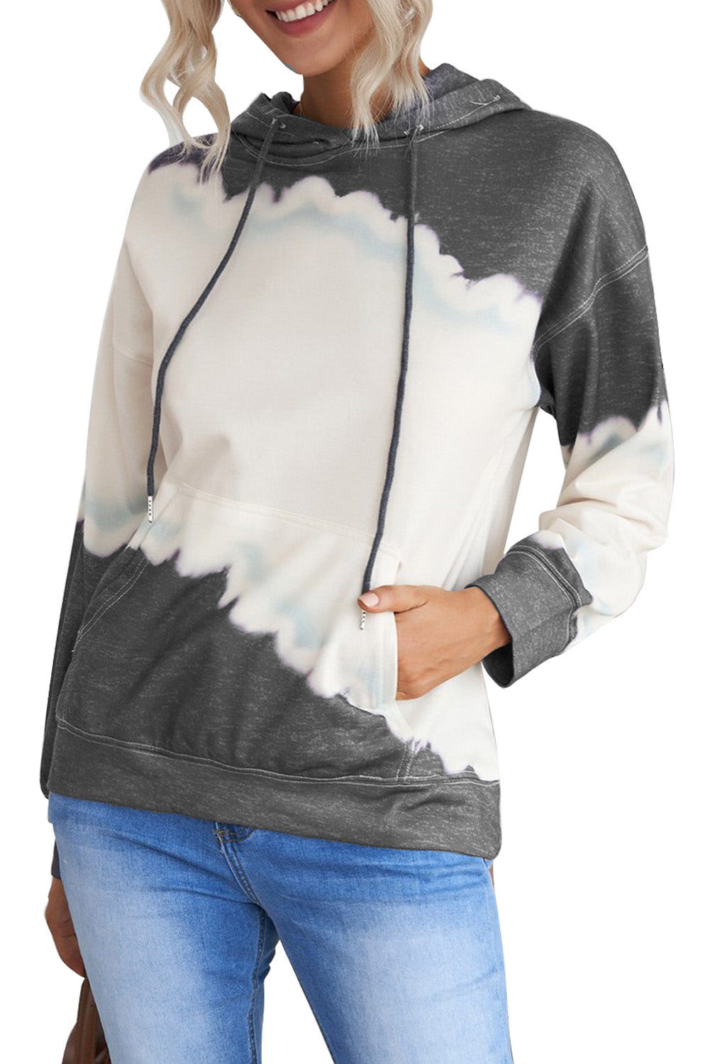 Gray hooded sweatshirt featuring a stylish tie-dye print and a functional front pocket, perfect for casual wear.