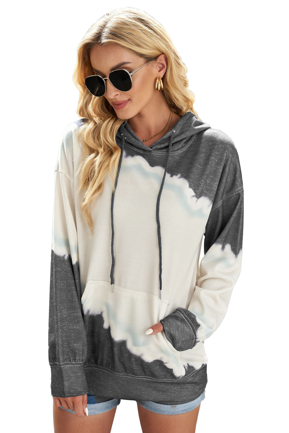 Gray hooded sweatshirt featuring a stylish tie-dye print and a functional front pocket, perfect for casual wear.