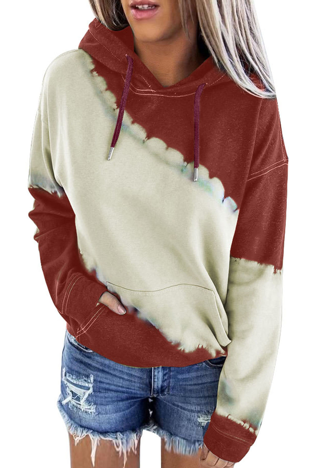 Gray hooded sweatshirt featuring a stylish tie-dye print and a functional front pocket, perfect for casual wear.