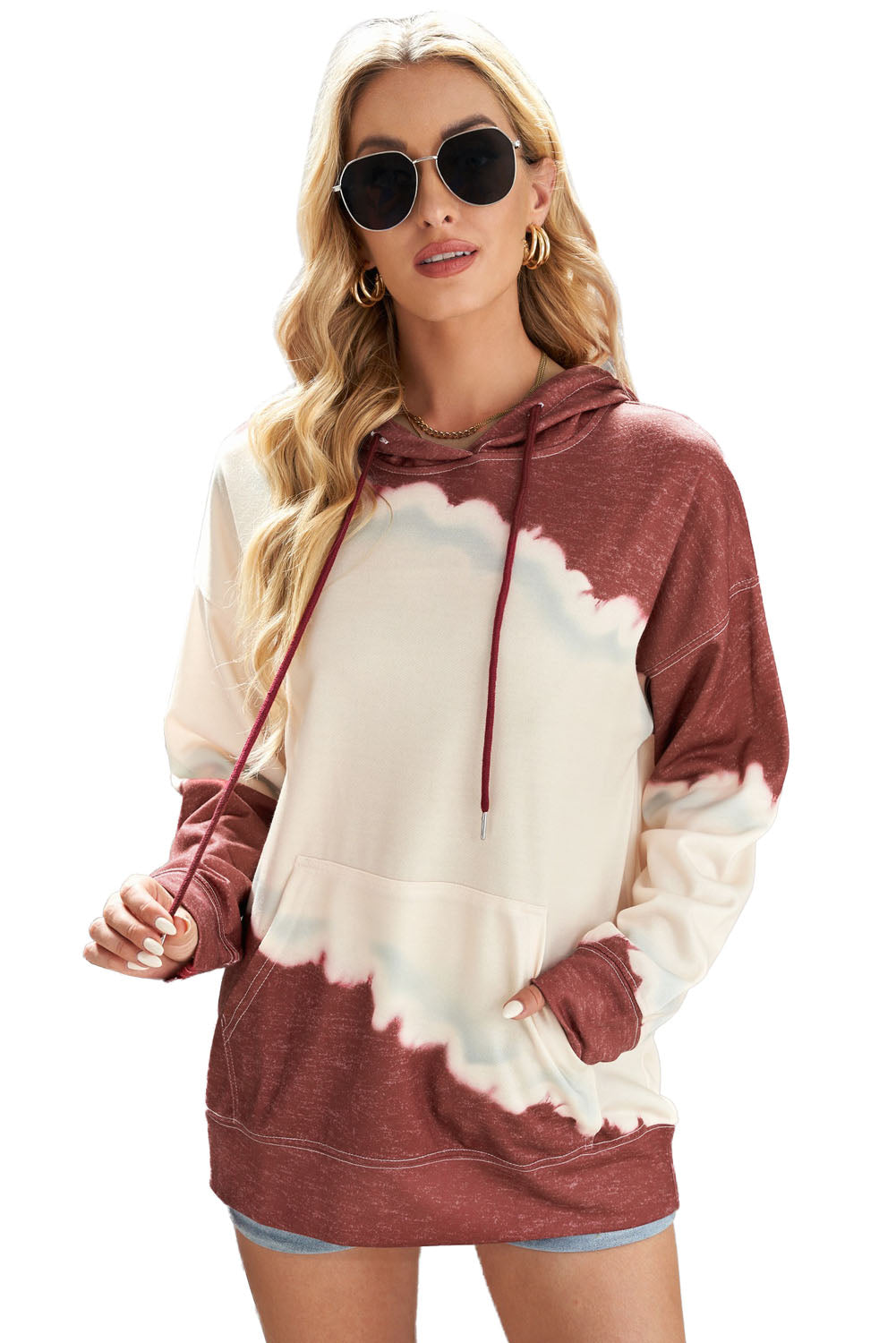 Gray hooded sweatshirt featuring a stylish tie-dye print and a functional front pocket, perfect for casual wear.