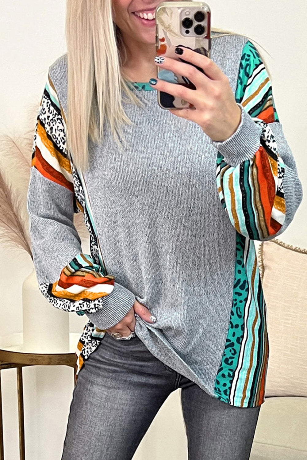 Gray Leopard Serape Drop Shoulder Bubble Sleeves Knit Top featuring a stylish patchwork design and comfortable fit.