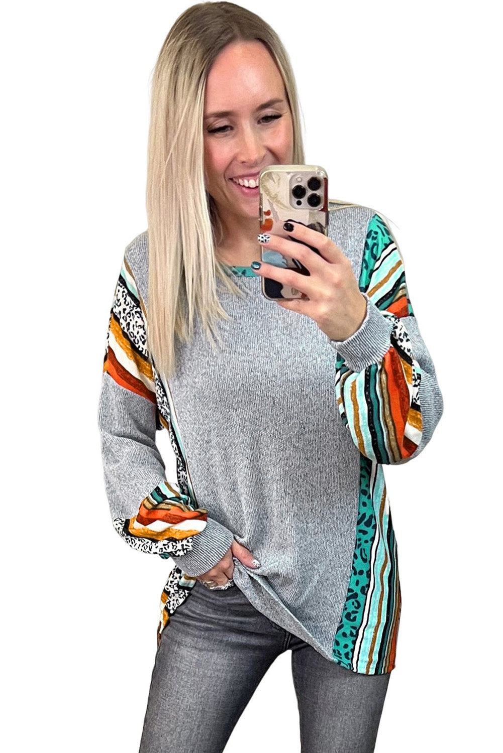 Gray Leopard Serape Drop Shoulder Bubble Sleeves Knit Top featuring a stylish patchwork design and comfortable fit.