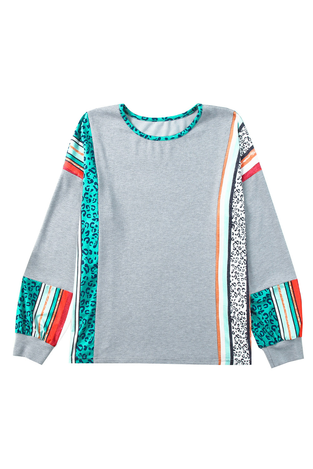 Gray Leopard Serape Drop Shoulder Bubble Sleeves Knit Top featuring a stylish patchwork design and comfortable fit.