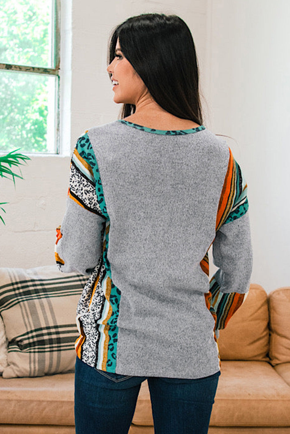 Gray Leopard Serape Drop Shoulder Bubble Sleeves Knit Top featuring a stylish patchwork design and comfortable fit.