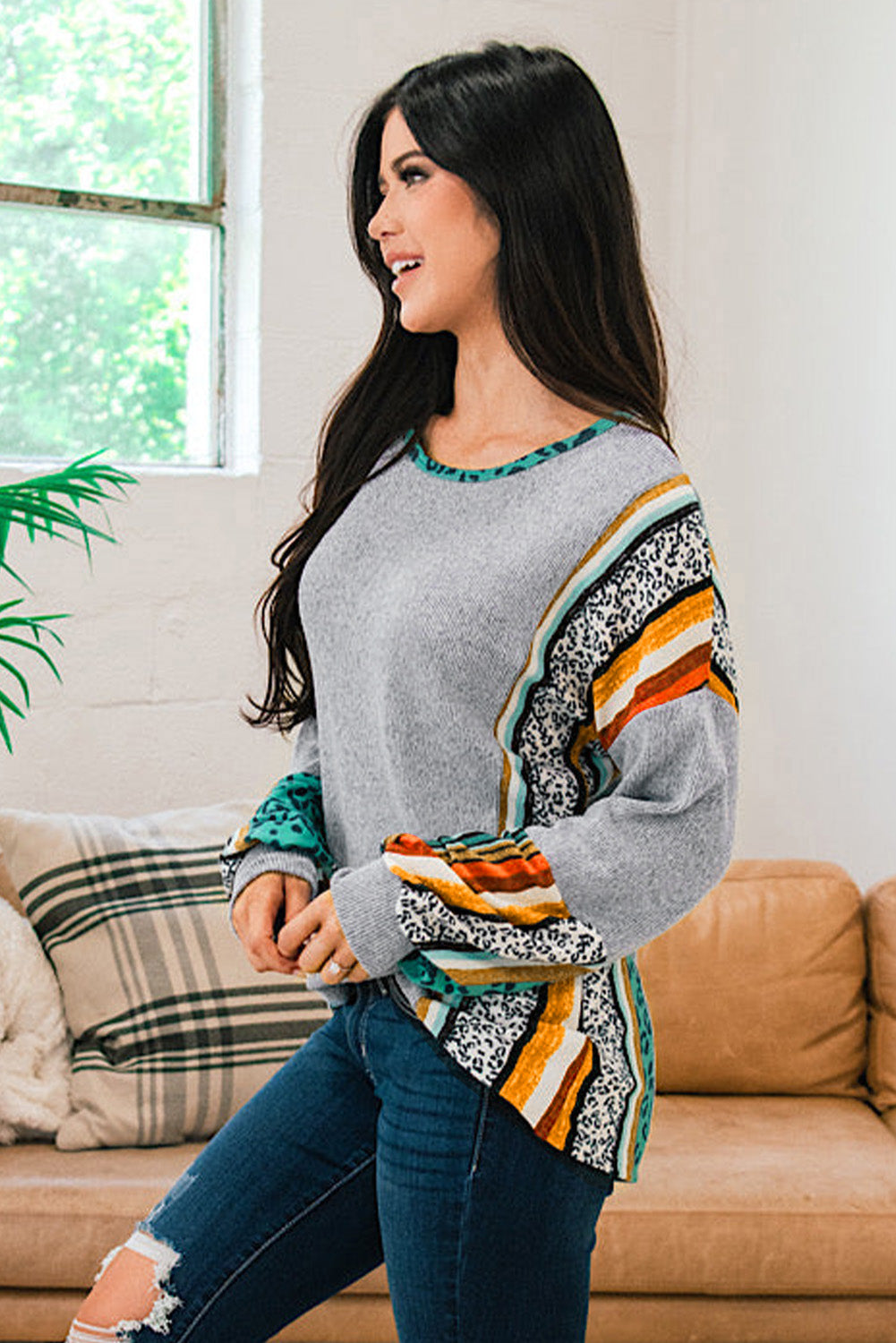 Gray Leopard Serape Drop Shoulder Bubble Sleeves Knit Top featuring a stylish patchwork design and comfortable fit.