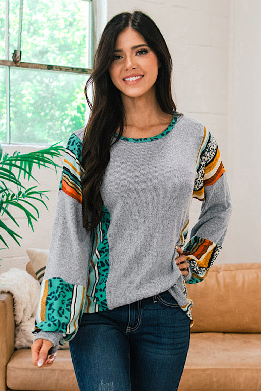 Gray Leopard Serape Drop Shoulder Bubble Sleeves Knit Top featuring a stylish patchwork design and comfortable fit.