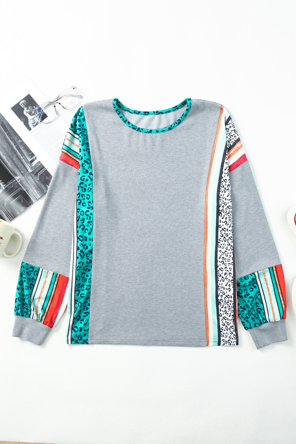 Gray Leopard Serape Drop Shoulder Bubble Sleeves Knit Top featuring a stylish patchwork design and comfortable fit.