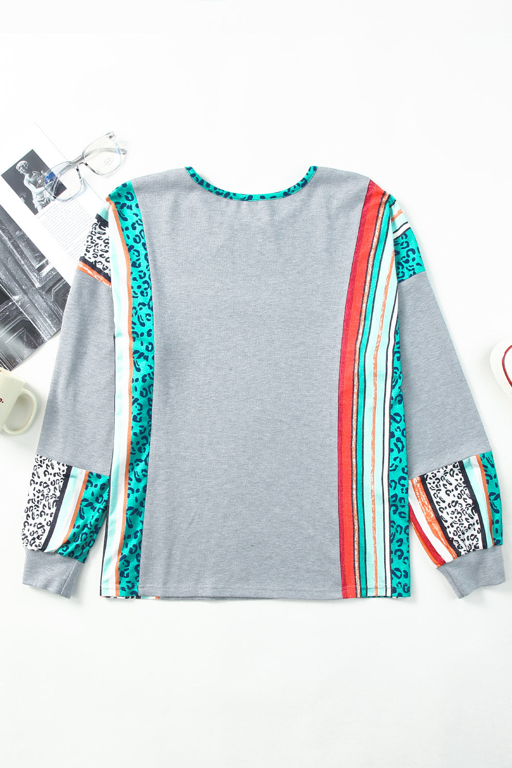 Gray Leopard Serape Drop Shoulder Bubble Sleeves Knit Top featuring a stylish patchwork design and comfortable fit.