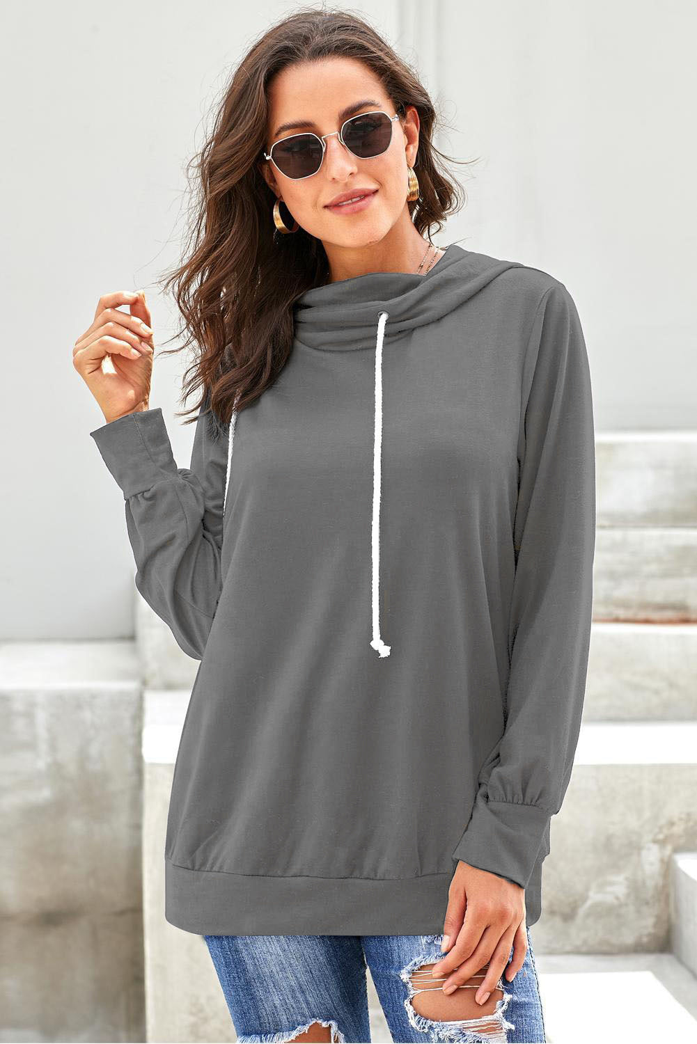 Gray long sleeve hoodie featuring a cowl neck and rope drawstring, designed for comfort and style.