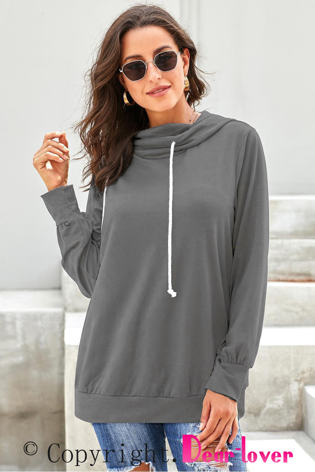 Gray long sleeve hoodie featuring a cowl neck and rope drawstring, designed for comfort and style.