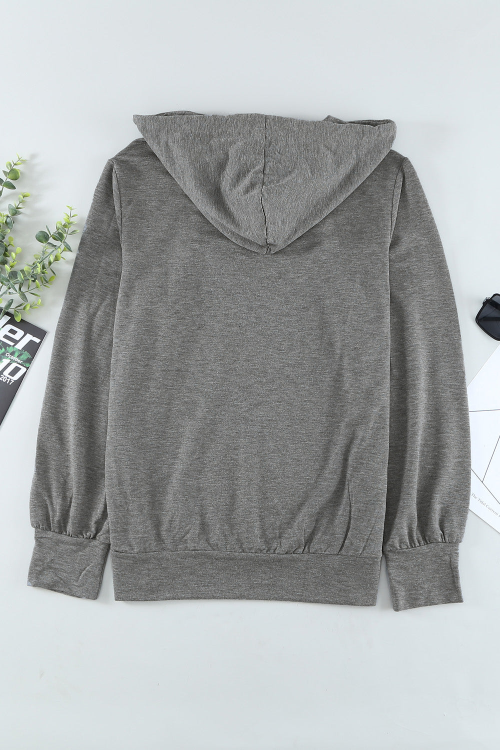 Gray long sleeve hoodie featuring a cowl neck and rope drawstring, designed for comfort and style.