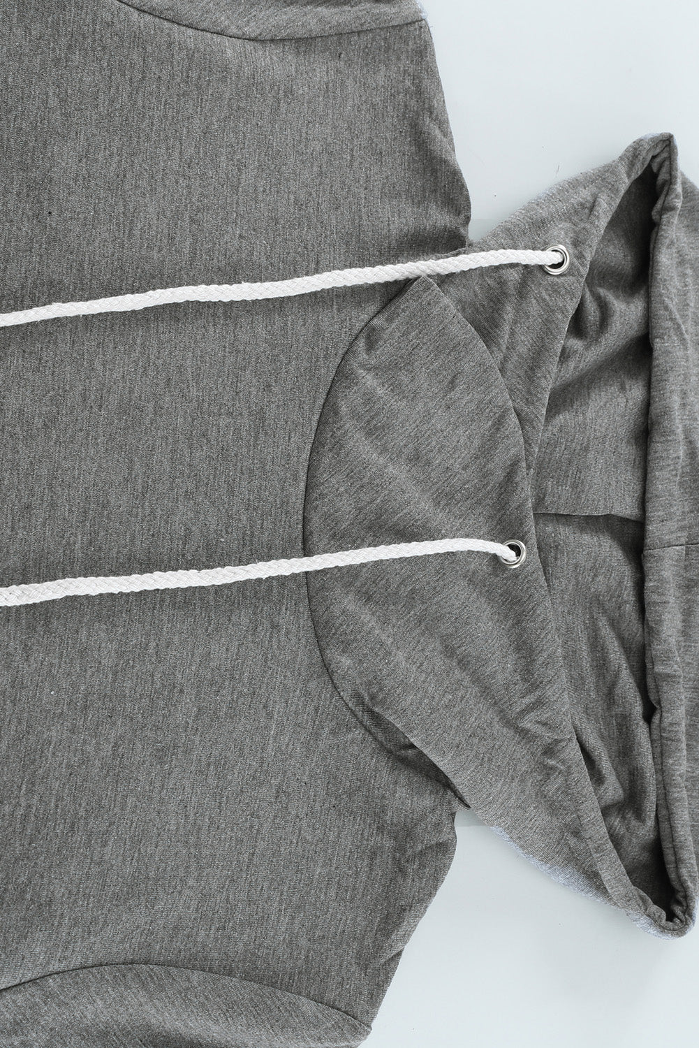 Gray long sleeve hoodie featuring a cowl neck and rope drawstring, designed for comfort and style.