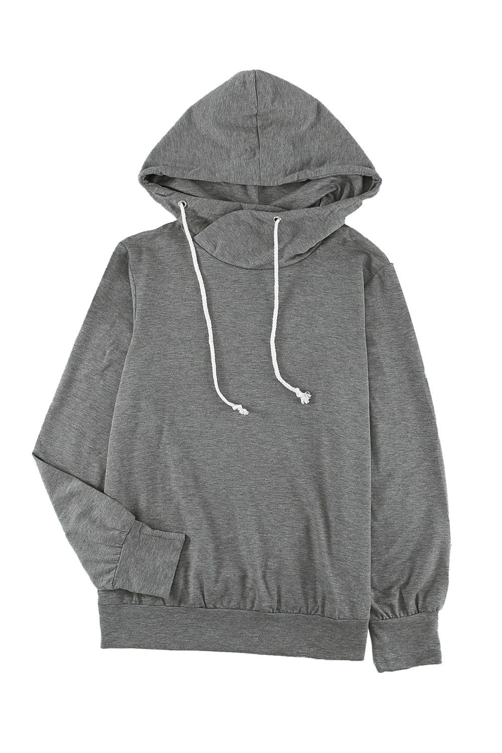 Gray long sleeve hoodie featuring a cowl neck and rope drawstring, designed for comfort and style.