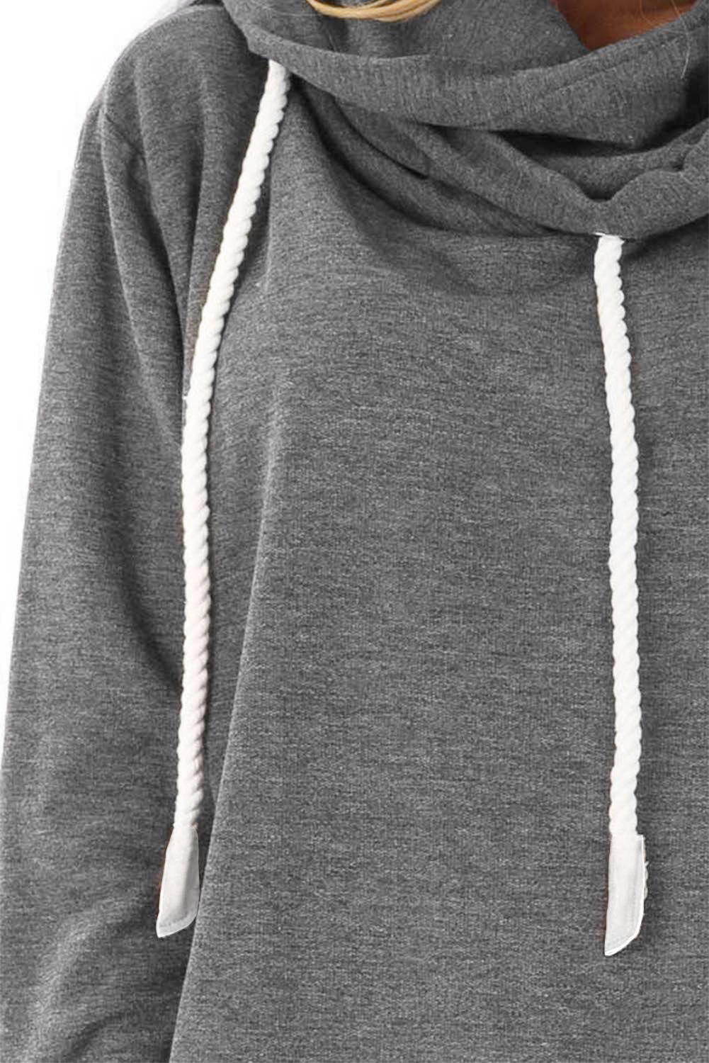 Gray long sleeve hoodie featuring a cowl neck and rope drawstring, designed for comfort and style.