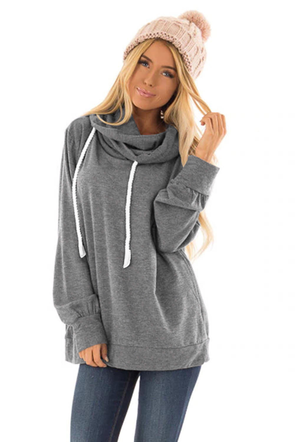 Gray long sleeve hoodie featuring a cowl neck and rope drawstring, designed for comfort and style.