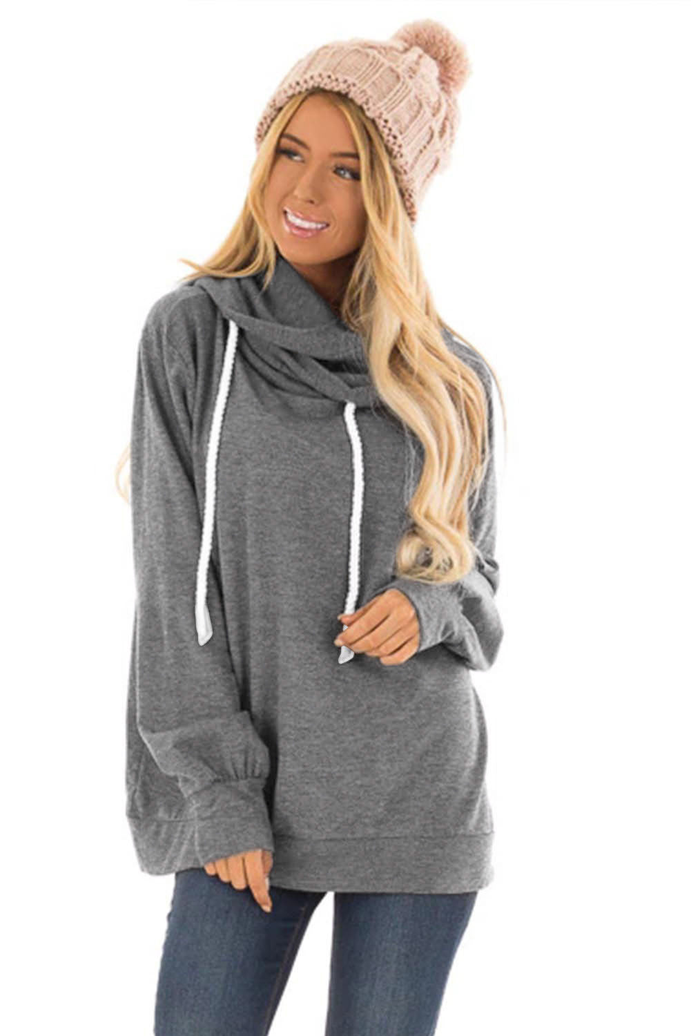 Gray long sleeve hoodie featuring a cowl neck and rope drawstring, designed for comfort and style.