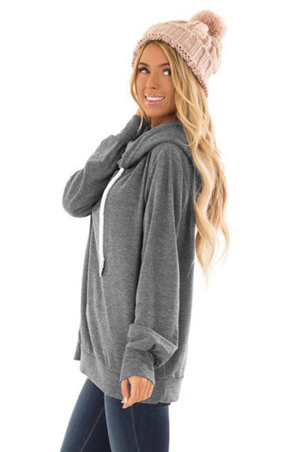 Gray long sleeve hoodie featuring a cowl neck and rope drawstring, designed for comfort and style.