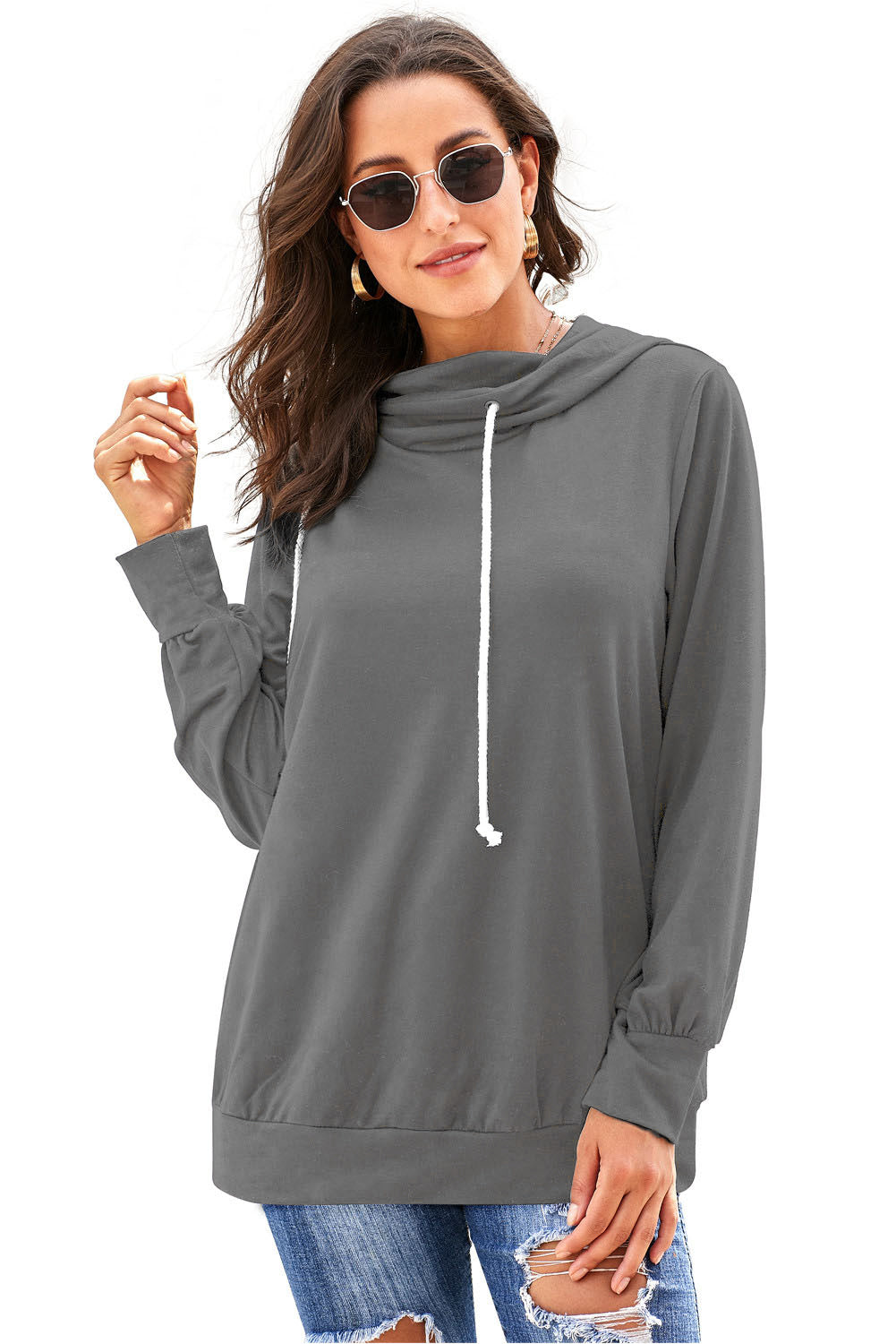 Gray long sleeve hoodie featuring a cowl neck and rope drawstring, designed for comfort and style.