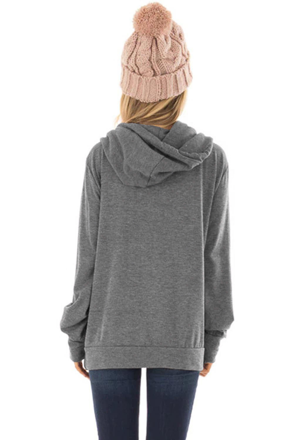 Gray long sleeve hoodie featuring a cowl neck and rope drawstring, designed for comfort and style.