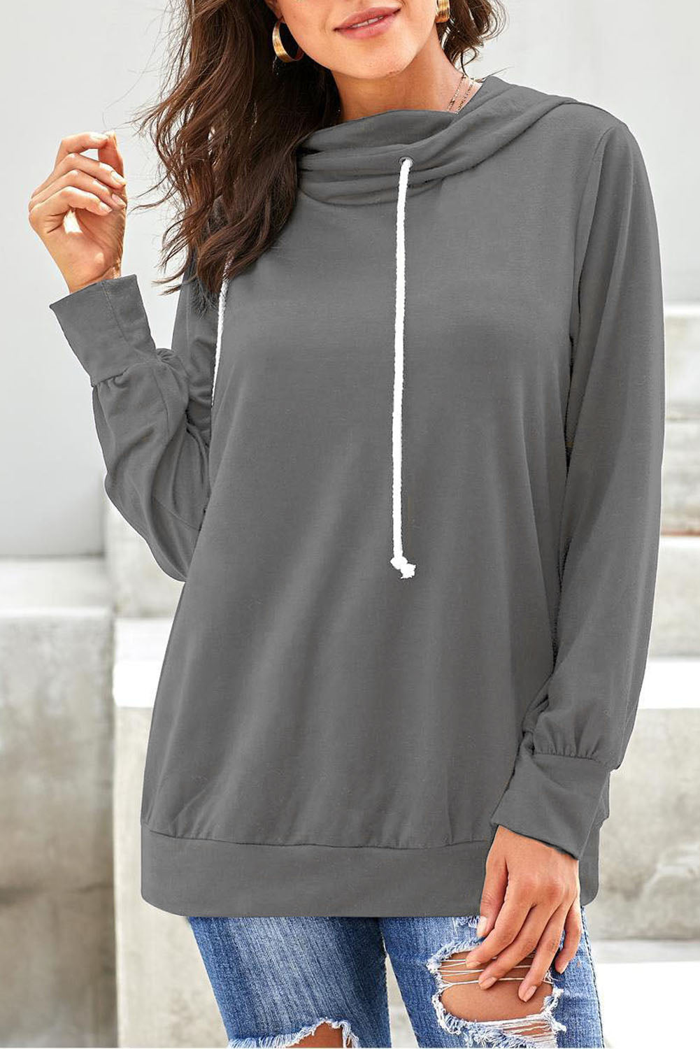 Gray long sleeve hoodie featuring a cowl neck and rope drawstring, designed for comfort and style.