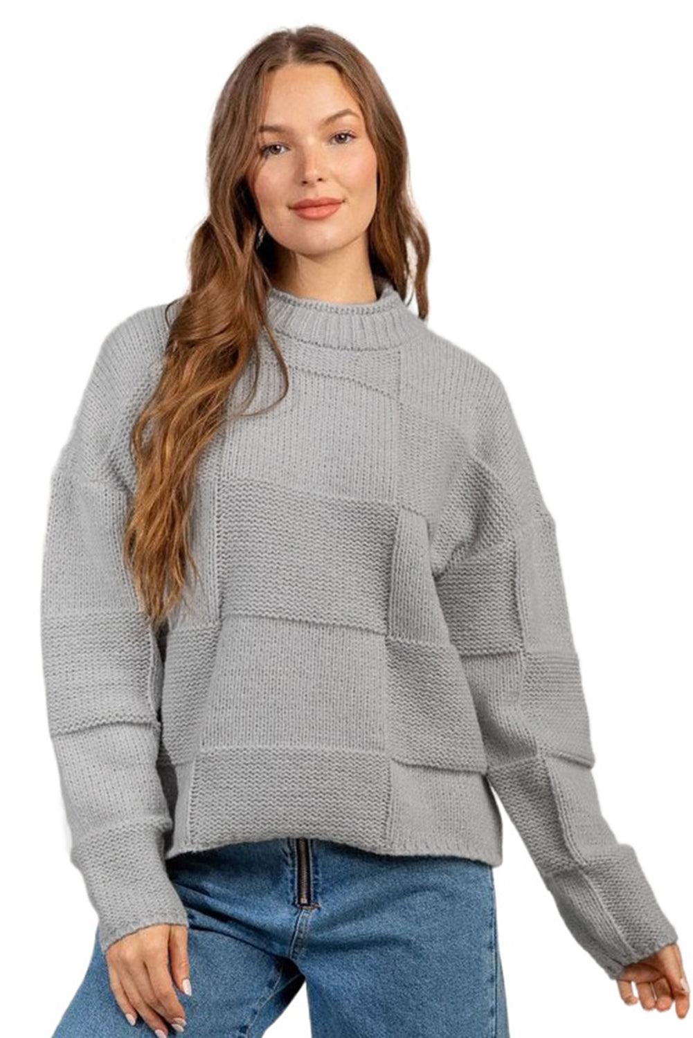 Gray mock neck checkered textured sweater displayed on a mannequin, showcasing its stylish design and soft fabric.