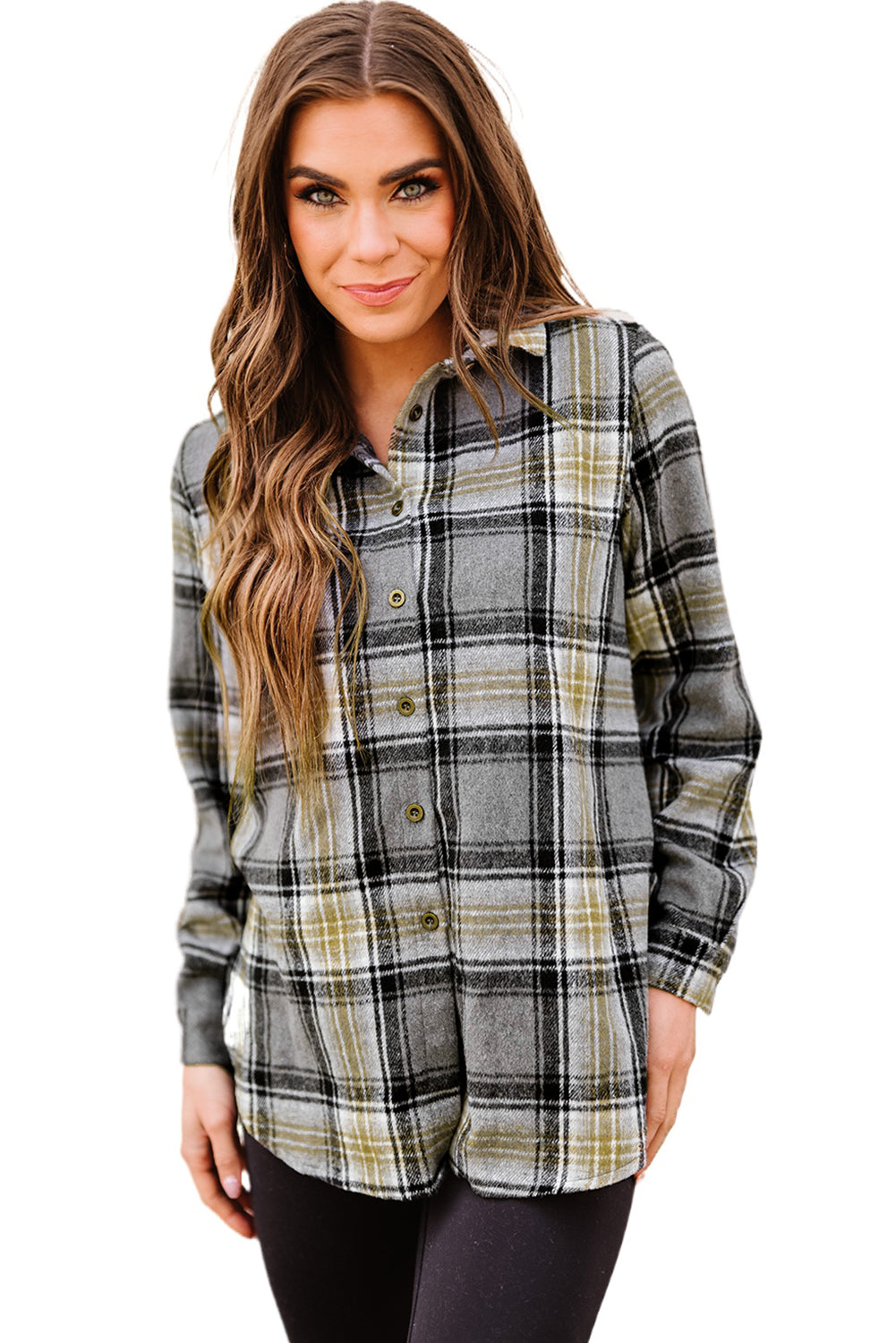 Gray oversize plaid shacket with rounded hem and slits, showcasing a stylish and comfortable design suitable for various outfits.