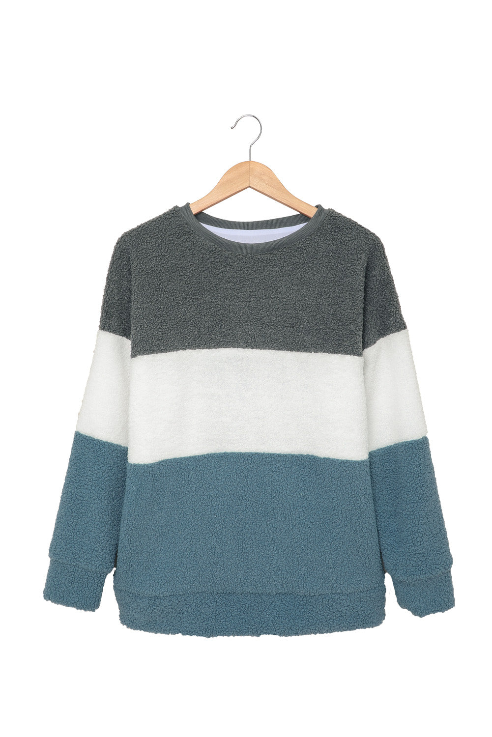 Gray oversized colorblock plush sweatshirt featuring a cozy design and trendy color combinations, perfect for casual wear.