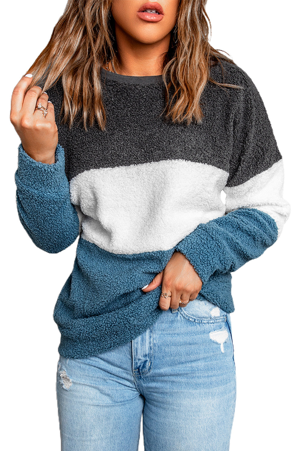 Gray oversized colorblock plush sweatshirt featuring a cozy design and trendy color combinations, perfect for casual wear.