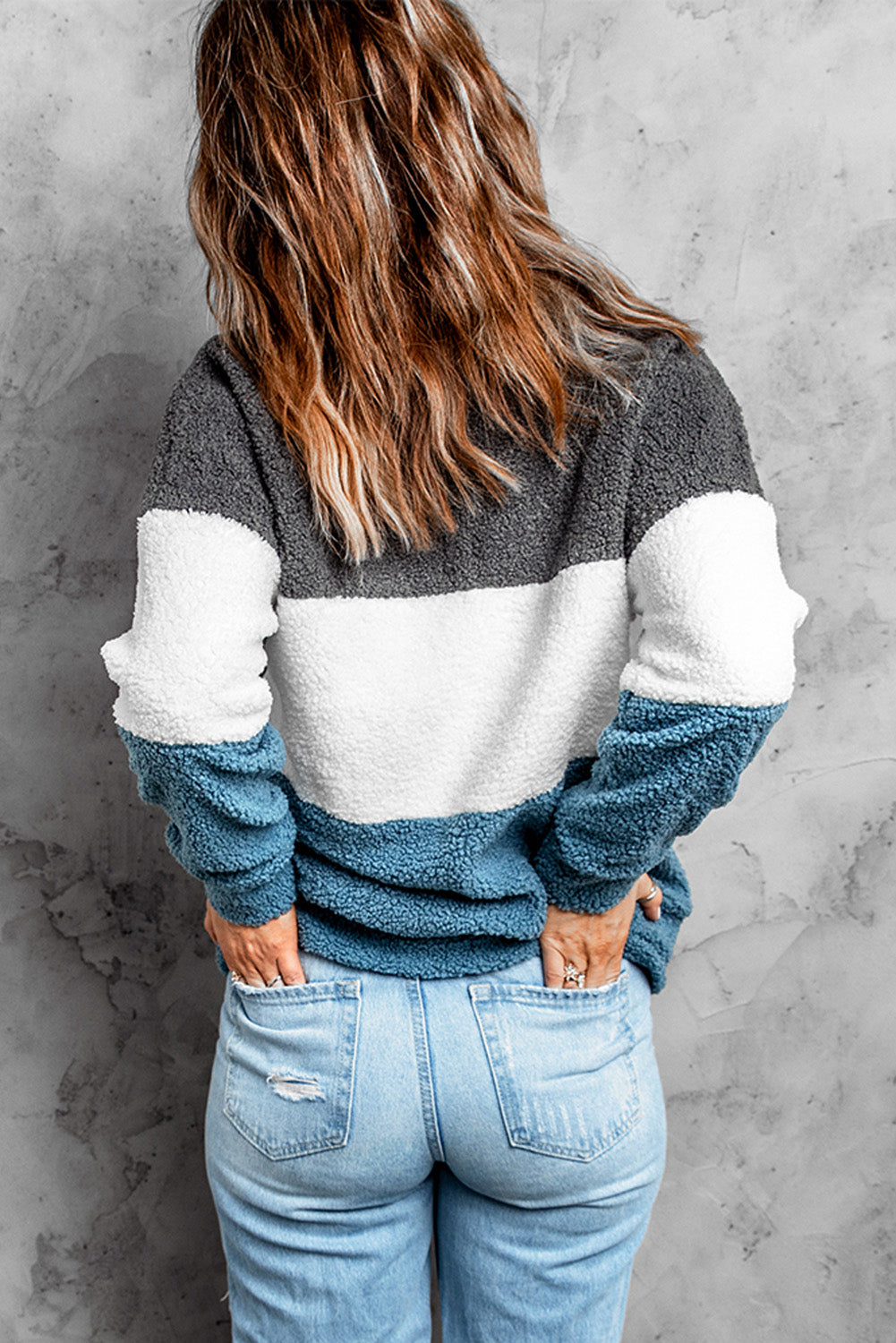 Gray oversized colorblock plush sweatshirt featuring a cozy design and trendy color combinations, perfect for casual wear.