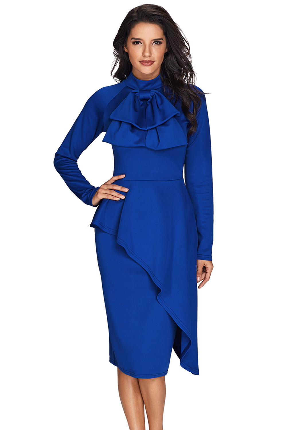 Gray Royal Blue Asymmetric Peplum Style Pussy Bow Dress featuring a chic pussy bow neckline and elegant long sleeves.