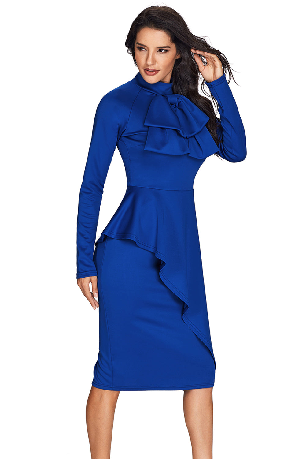 Gray Royal Blue Asymmetric Peplum Style Pussy Bow Dress featuring a chic pussy bow neckline and elegant long sleeves.